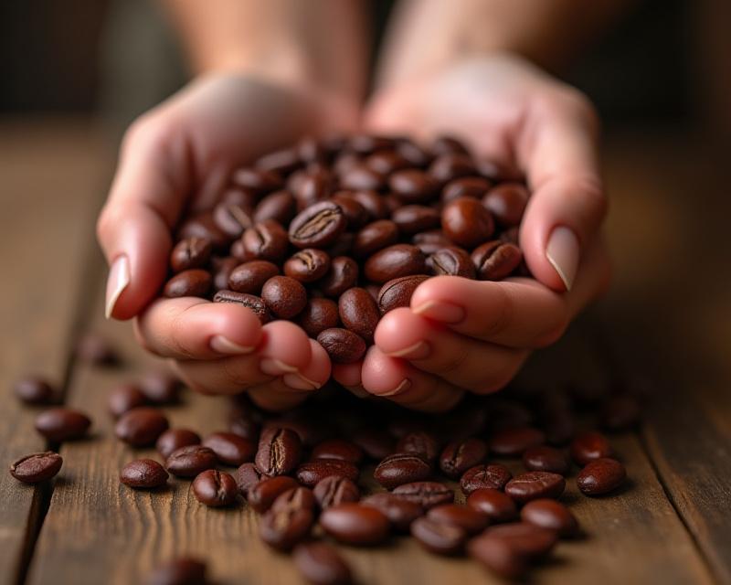 Handvoll frischer Kakaobohnen auf einem Holztisch, bereit zur Röstung