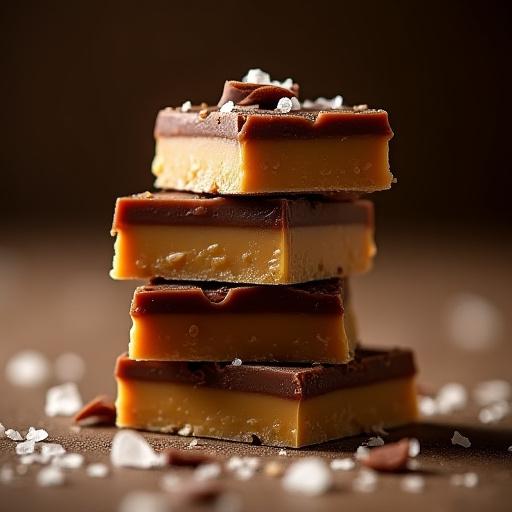 Stapel von gesalzenen Karamell-Schokoladenstücken, ansprechend präsentiert