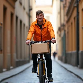 Eine umweltfreundliche Lieferperson auf einem Lastenrad in einer Wiener Gasse