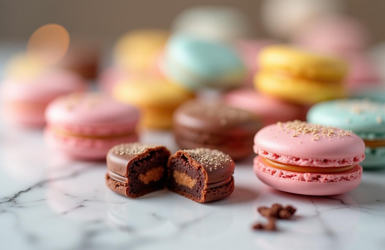 Eine Auswahl an handgemachten Pralinen und pastellfarbenen Macarons auf einem Marmortisch